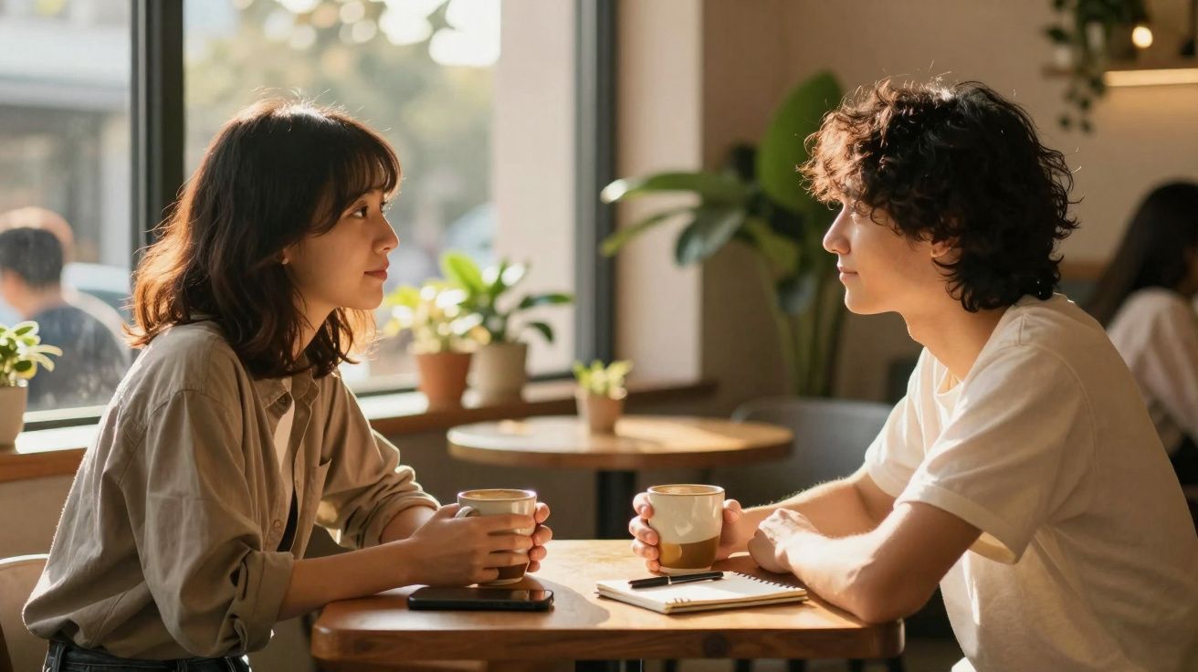 Jovem casal conversando e tomando café em cafeteria iluminada pela luz do dia.