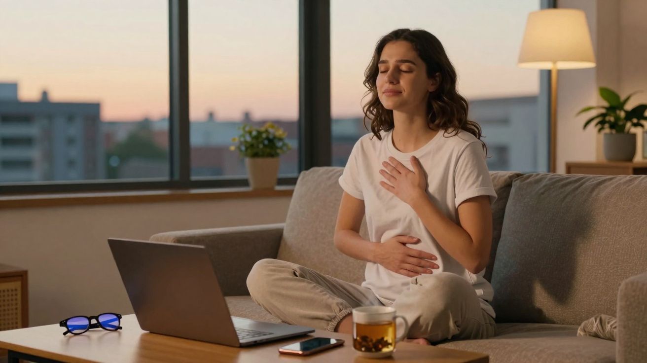 Mulher sentada no sofá com olhos fechados, mãos no peito e estômago em momento de relaxamento.