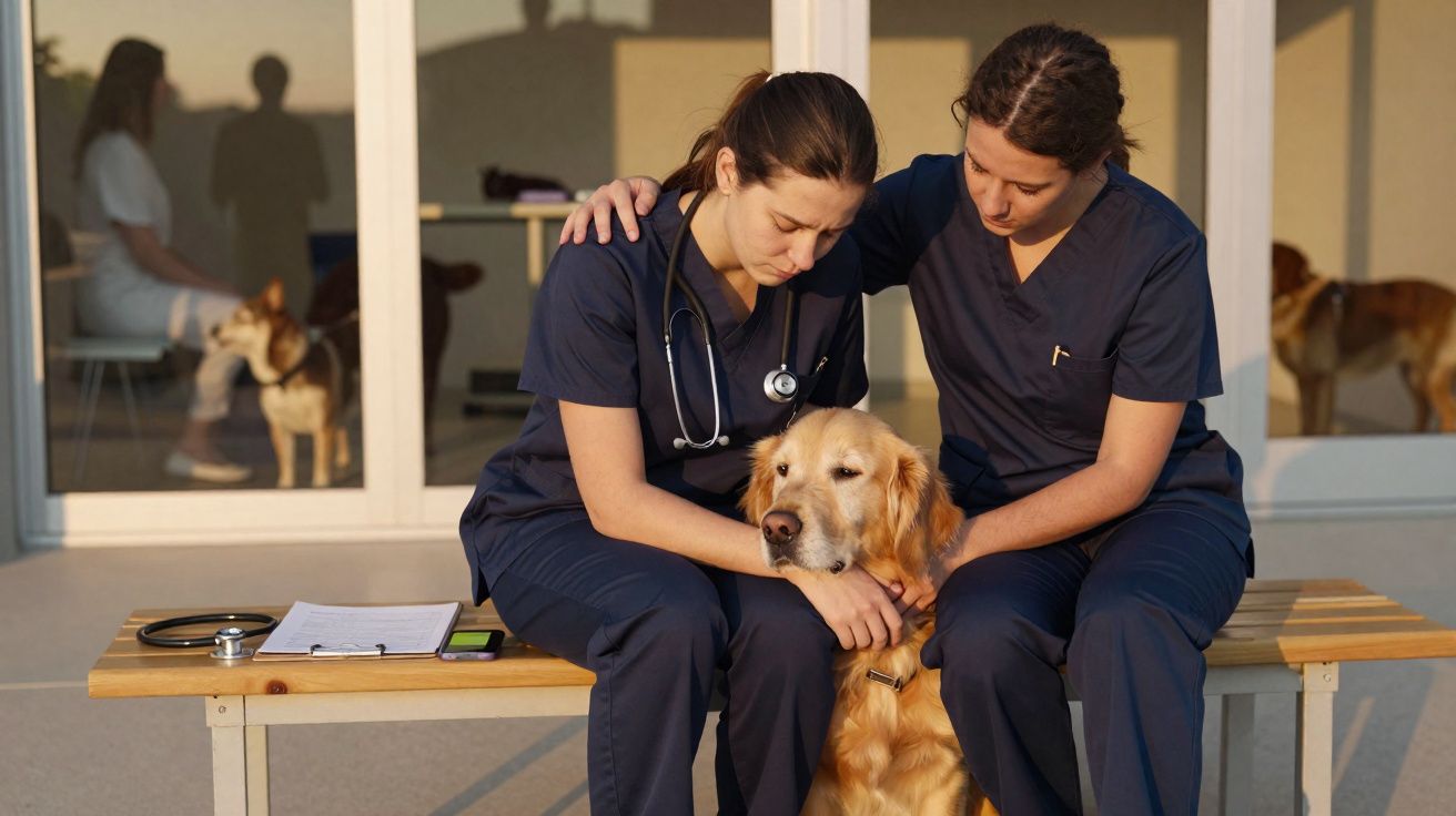 Duas veterinárias confortam um cachorro dourado sentado em um banco ao ar livre.