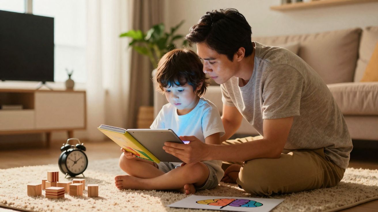 Pai e filho sentados no chão lendo livro e usando tablet juntos em sala acolhedora e iluminada.