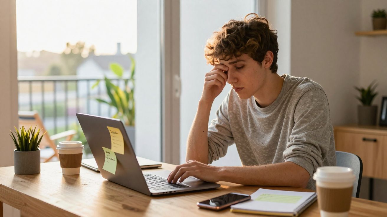 Jovem preocupado usando laptop em mesa com café, celular e caderno em ambiente iluminado e aconchegante.