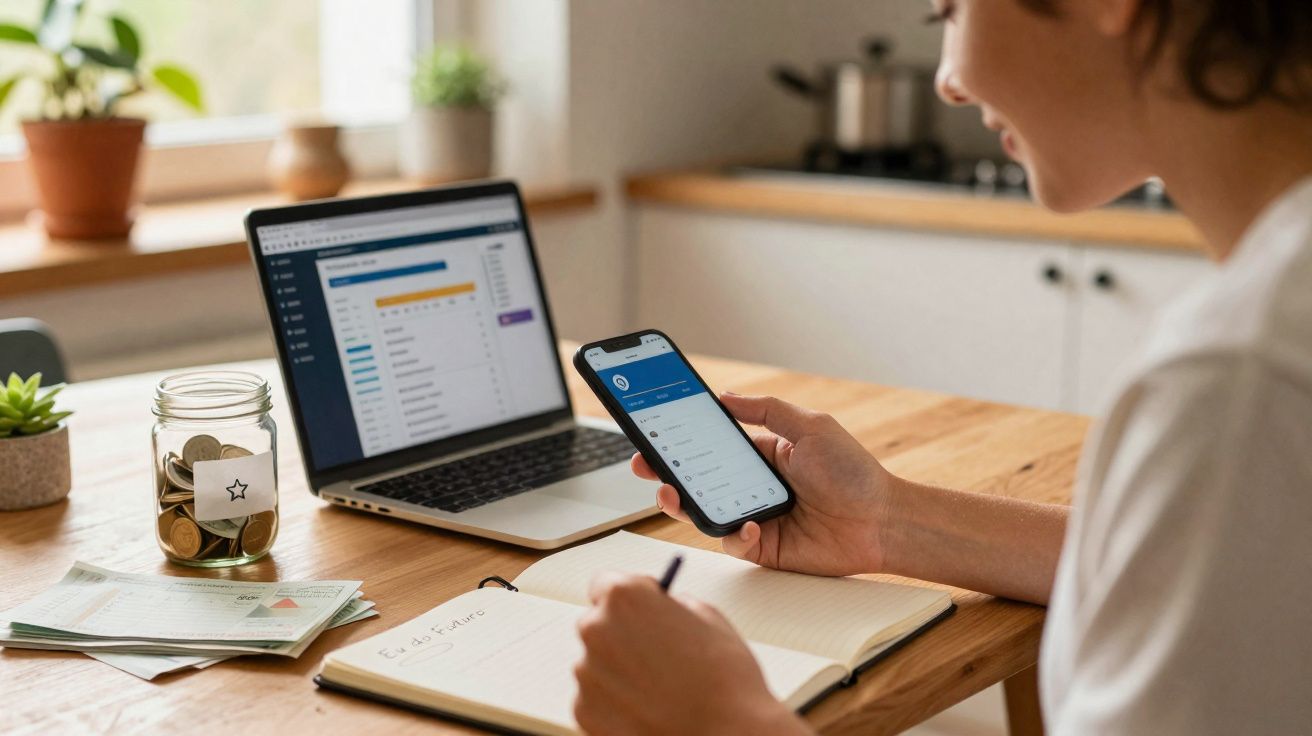 Pessoa usando celular e notebook para gerenciar finanças enquanto faz anotações em caderno na mesa de madeira.