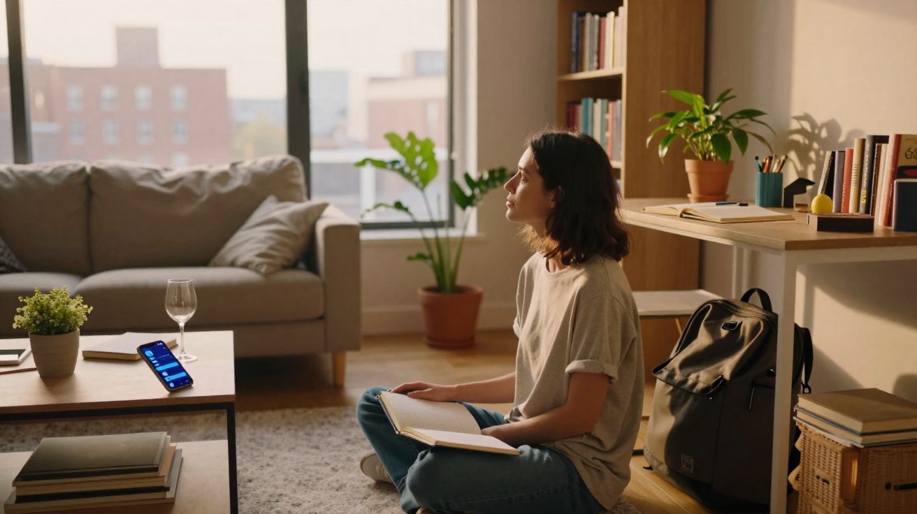 Mulher sentada no chão de sala iluminada, lendo livro, com sofá, plantas e estante ao fundo.