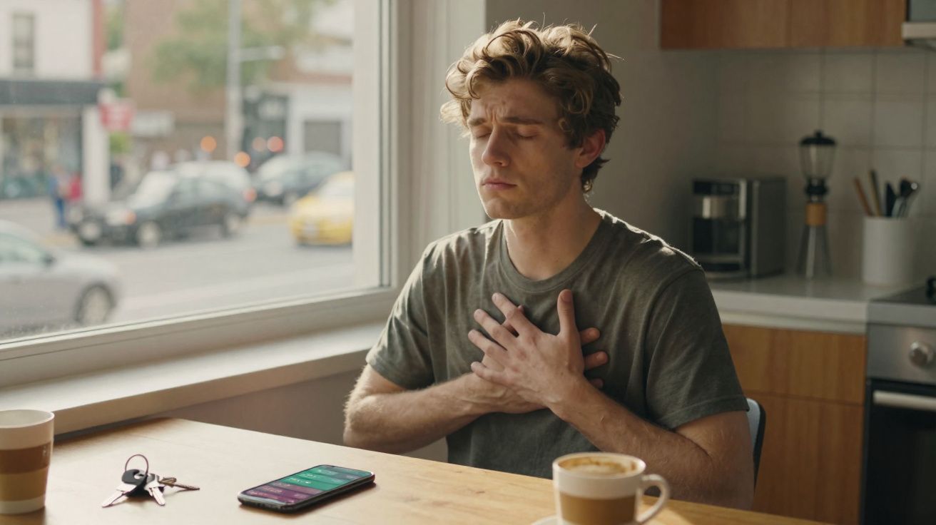 Homem sentado à mesa com expressão de dor no peito, ao lado de um celular e uma xícara de café.