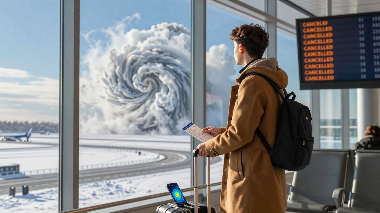 Homem de casaco observa furacão formado em nuvem fora do aeroporto com voos cancelados no painel.