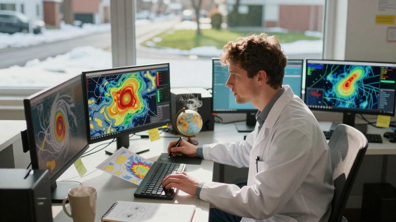 Cientista meteorológico analisando mapas e dados de tempestades em múltiplos monitores em escritório iluminado.