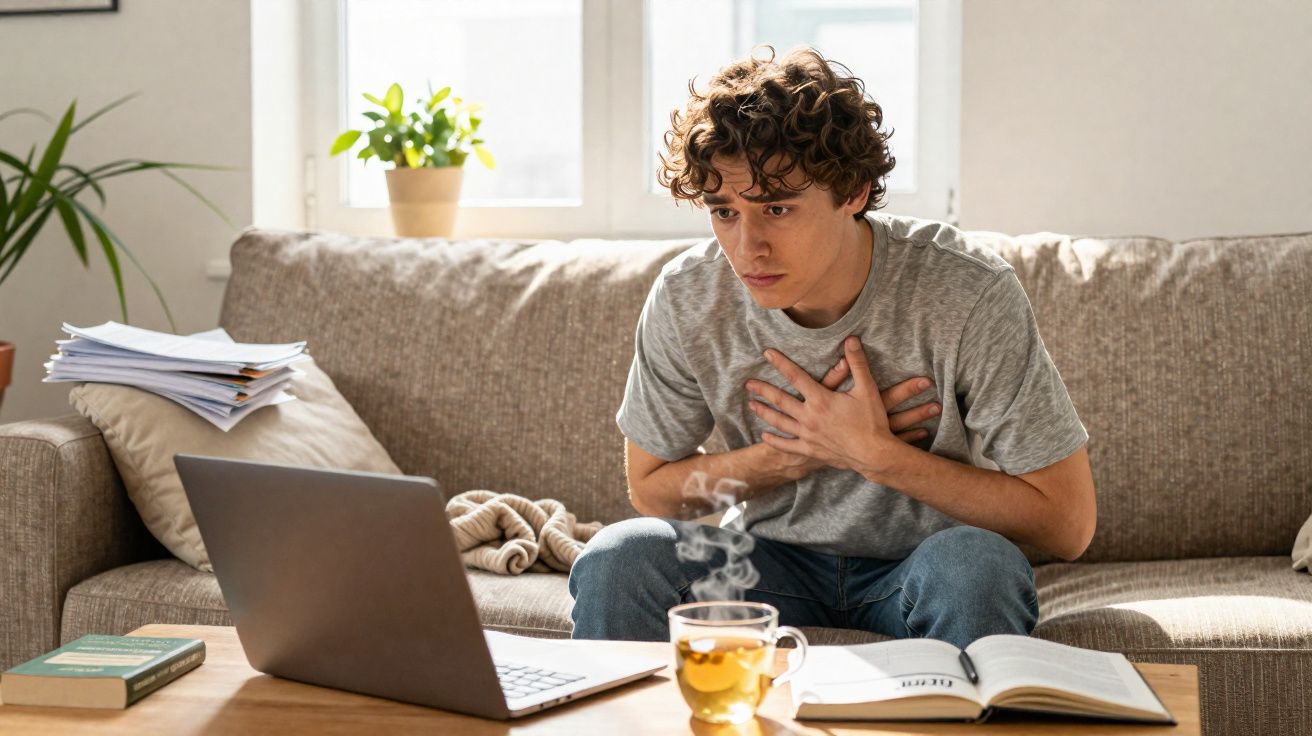 Jovem sentado no sofá com expressão de dor no peito, com livros, xícara de chá e laptop à sua frente.