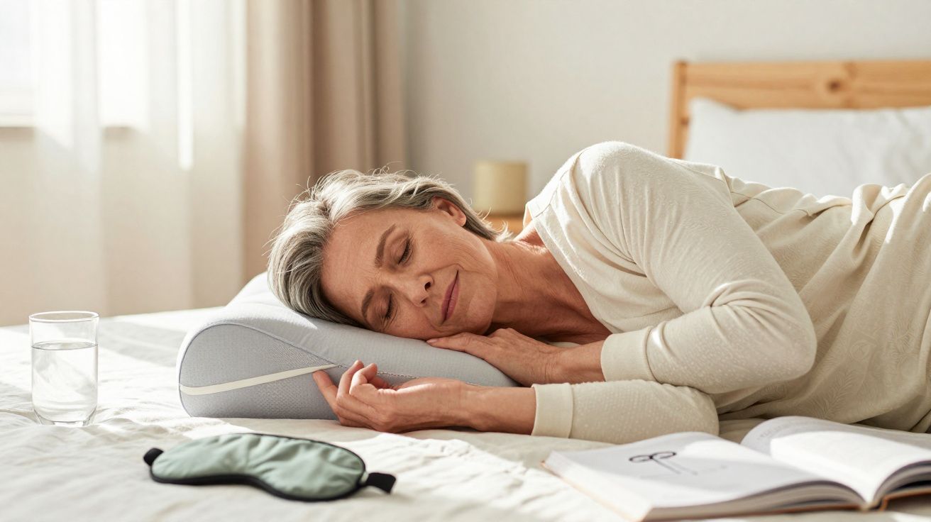 Mulher adulta deitada na cama descansando com travesseiro ergonômico sob a cabeça e creme ao lado.
