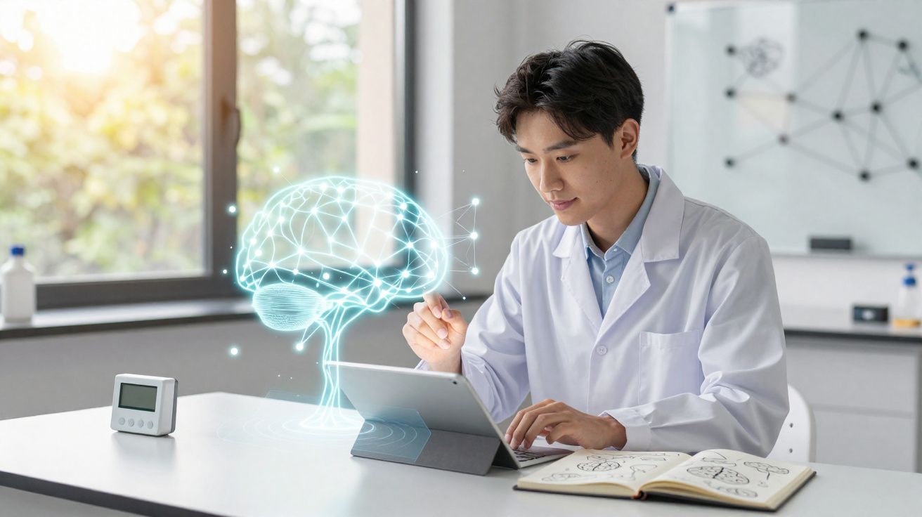 Pesquisador em laboratório usando tablet para analisar holograma digital de cérebro humano.