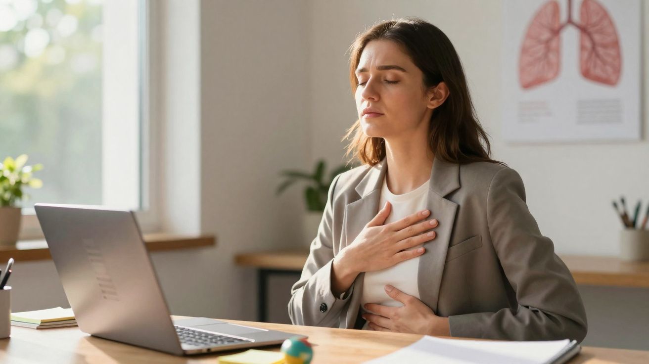 Mulher sentada em escritório com expressão de desconforto, segurando peito e abdômen.