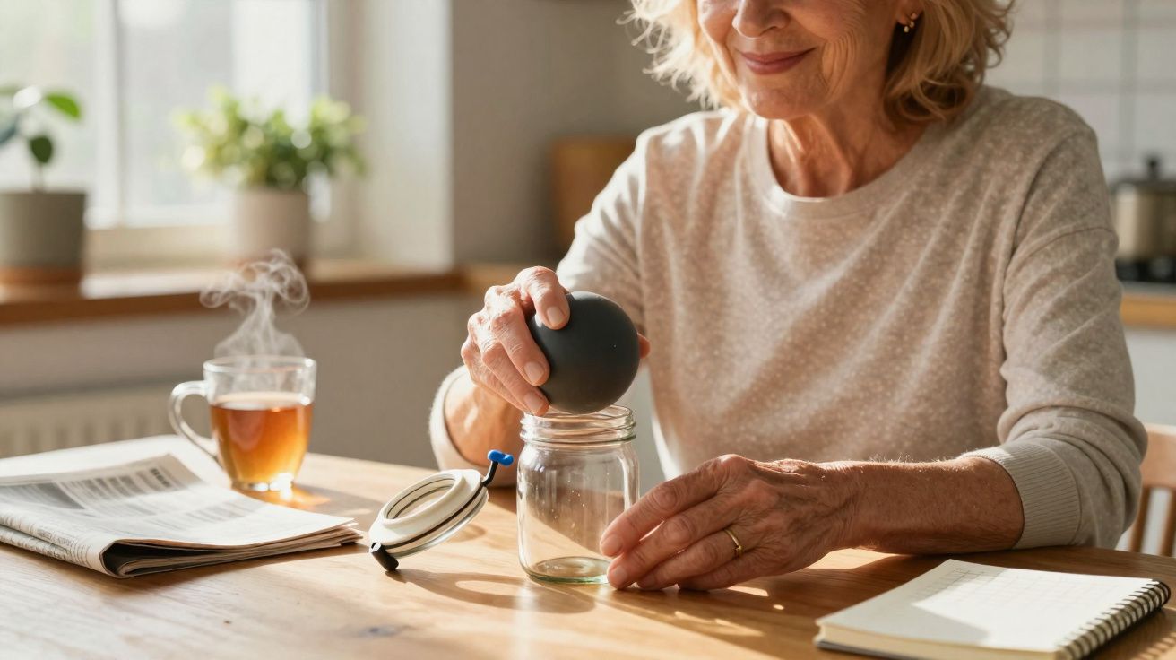 Idosa sorri enquanto prepara chá em jarra na cozinha, com jornal e caderno sobre mesa de madeira.