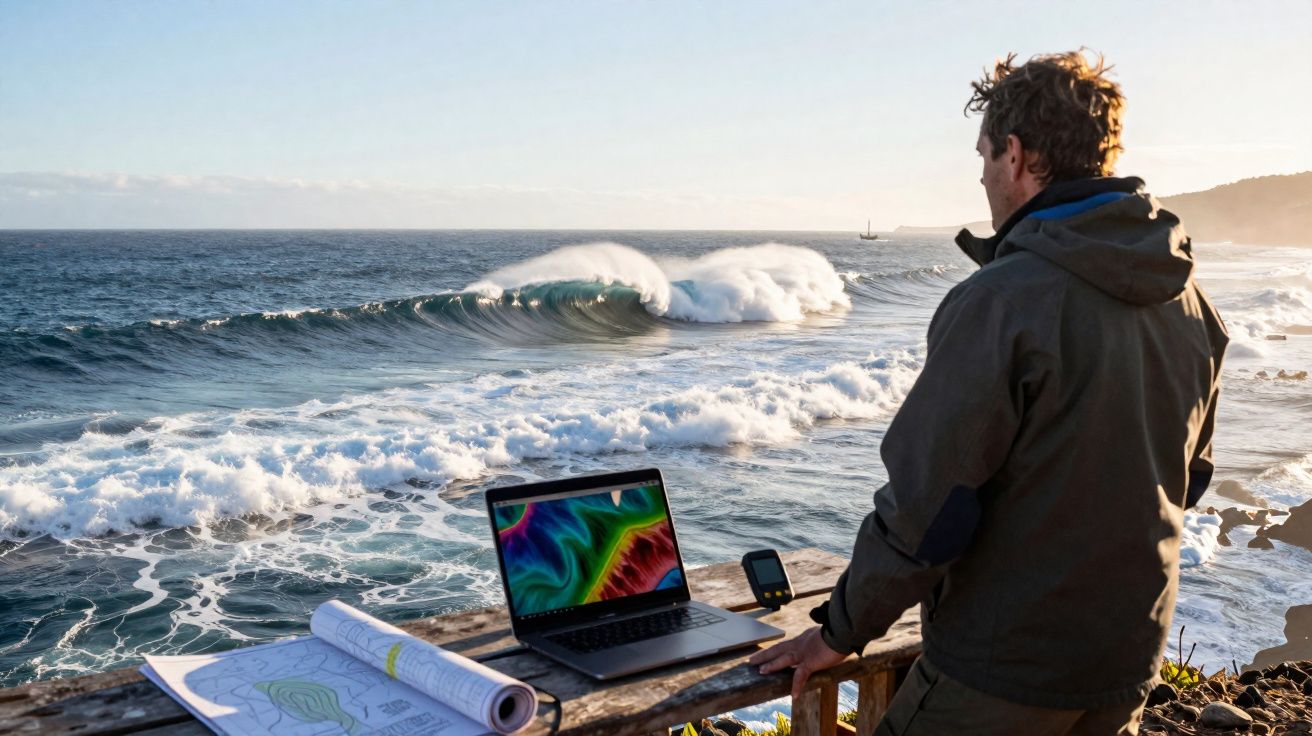 Homem observa o mar com ondas grandes enquanto trabalha em notebook à beira da praia com plantas e mapas.