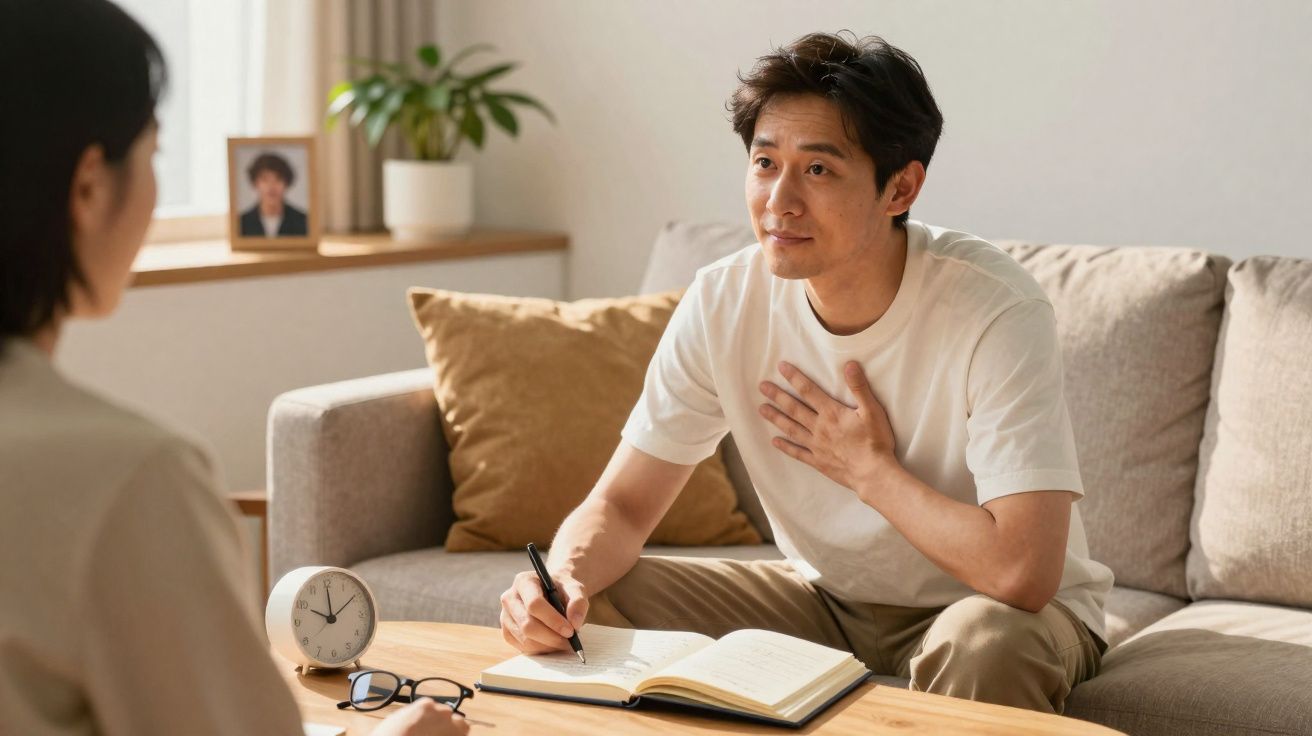 Homem sentado no sofá escrevendo em caderno, conversando com outra pessoa em ambiente acolhedor.