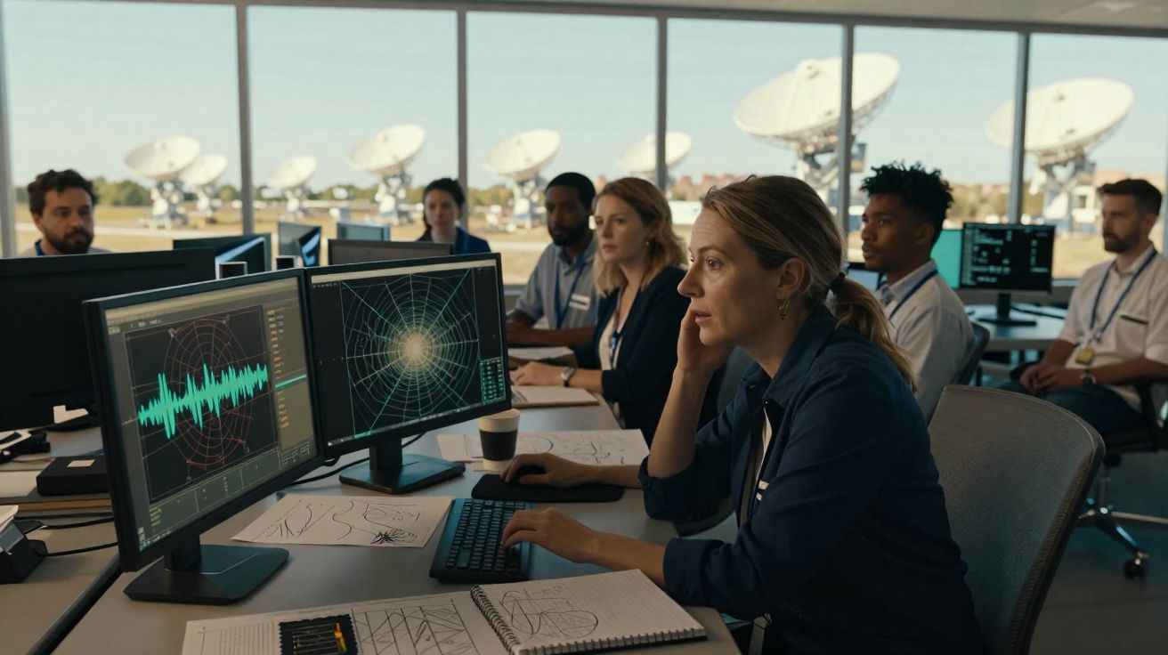 Equipe diversificada analisando dados em monitores em centro de controle com antenas parabólicas ao fundo.