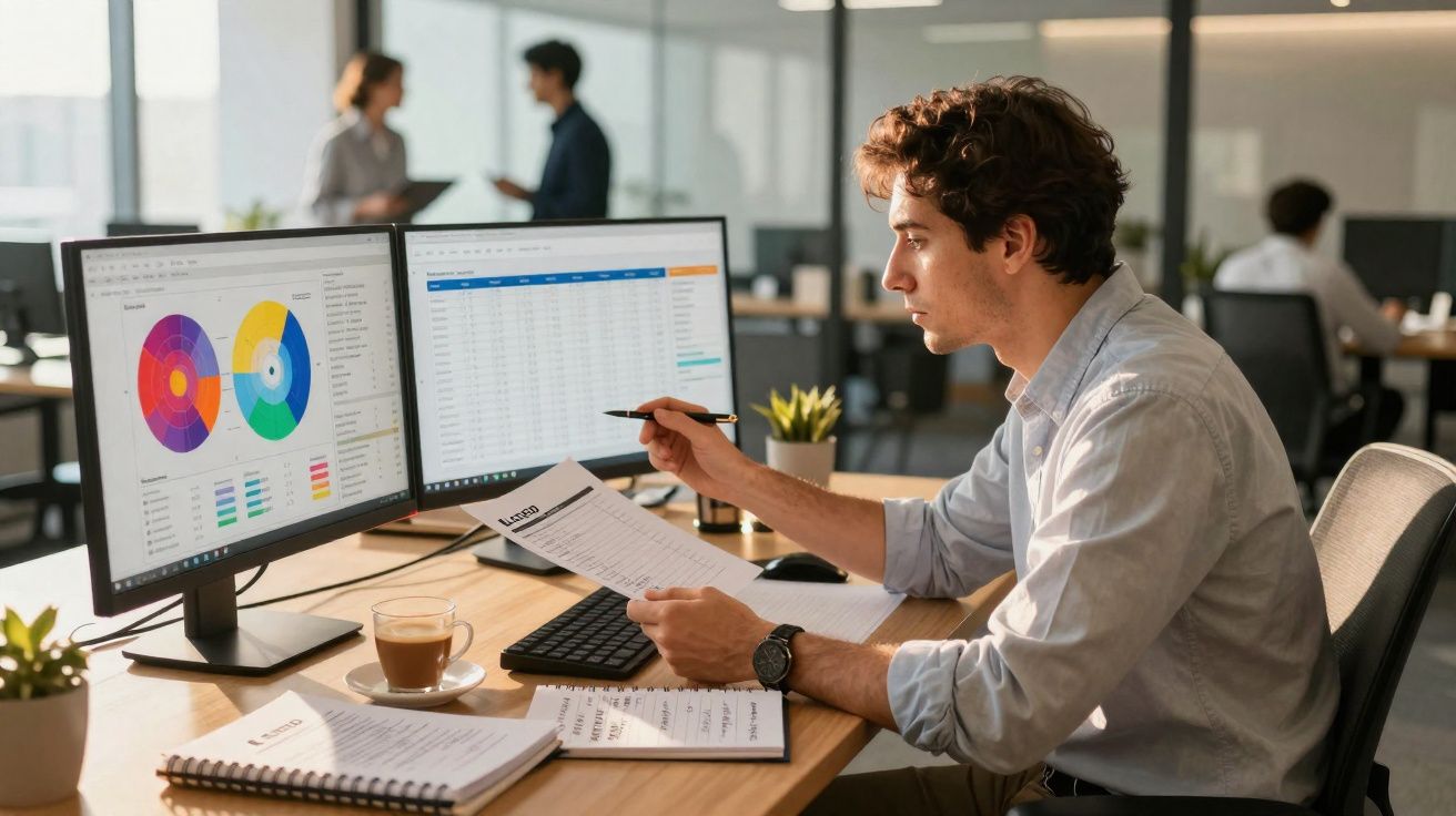 Homem analisando gráficos e planilhas em dois monitores em escritório moderno.