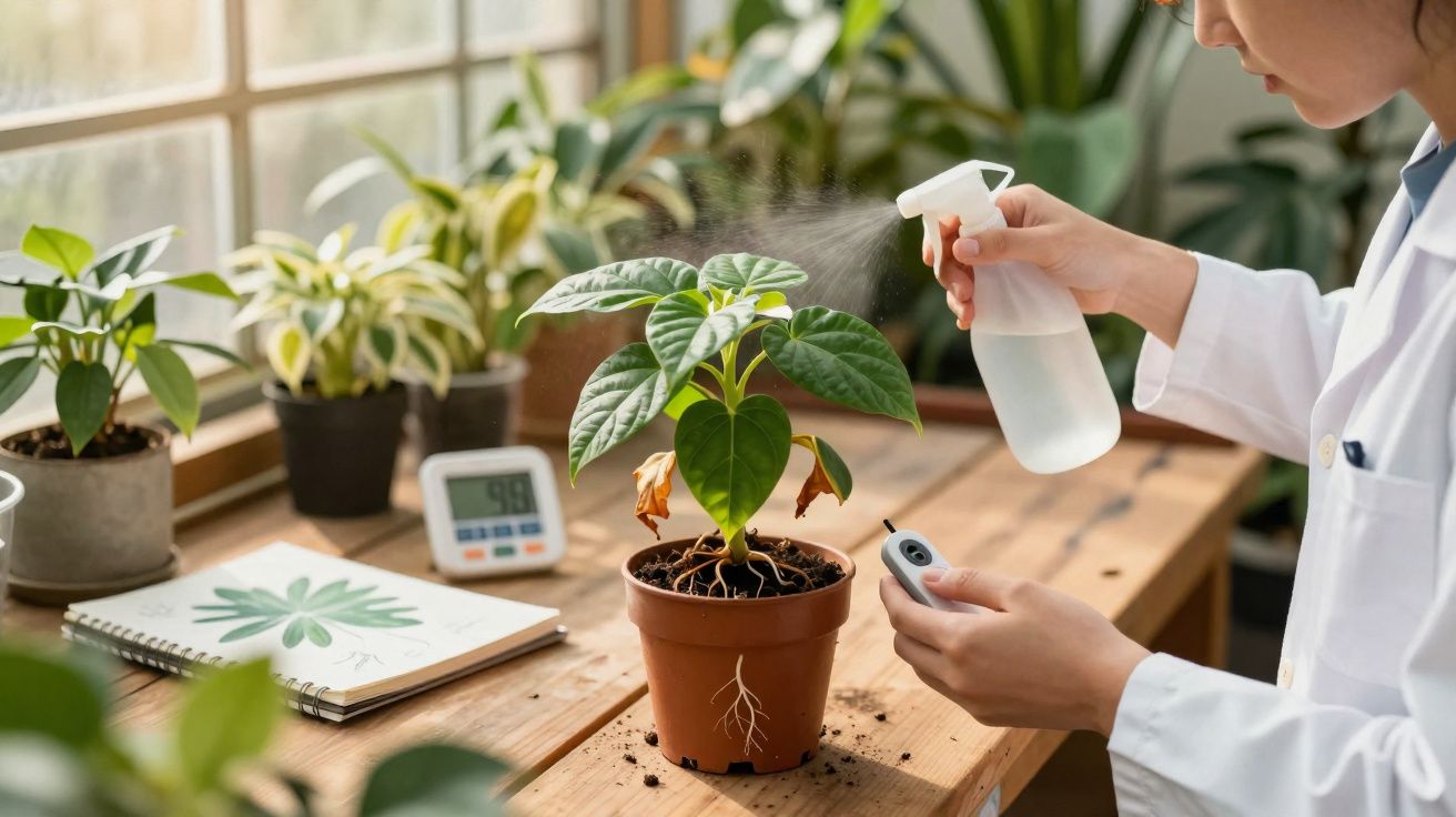 Pessoa borrifando água em planta de vaso com folhas verdes em mesa de madeira perto de janela.