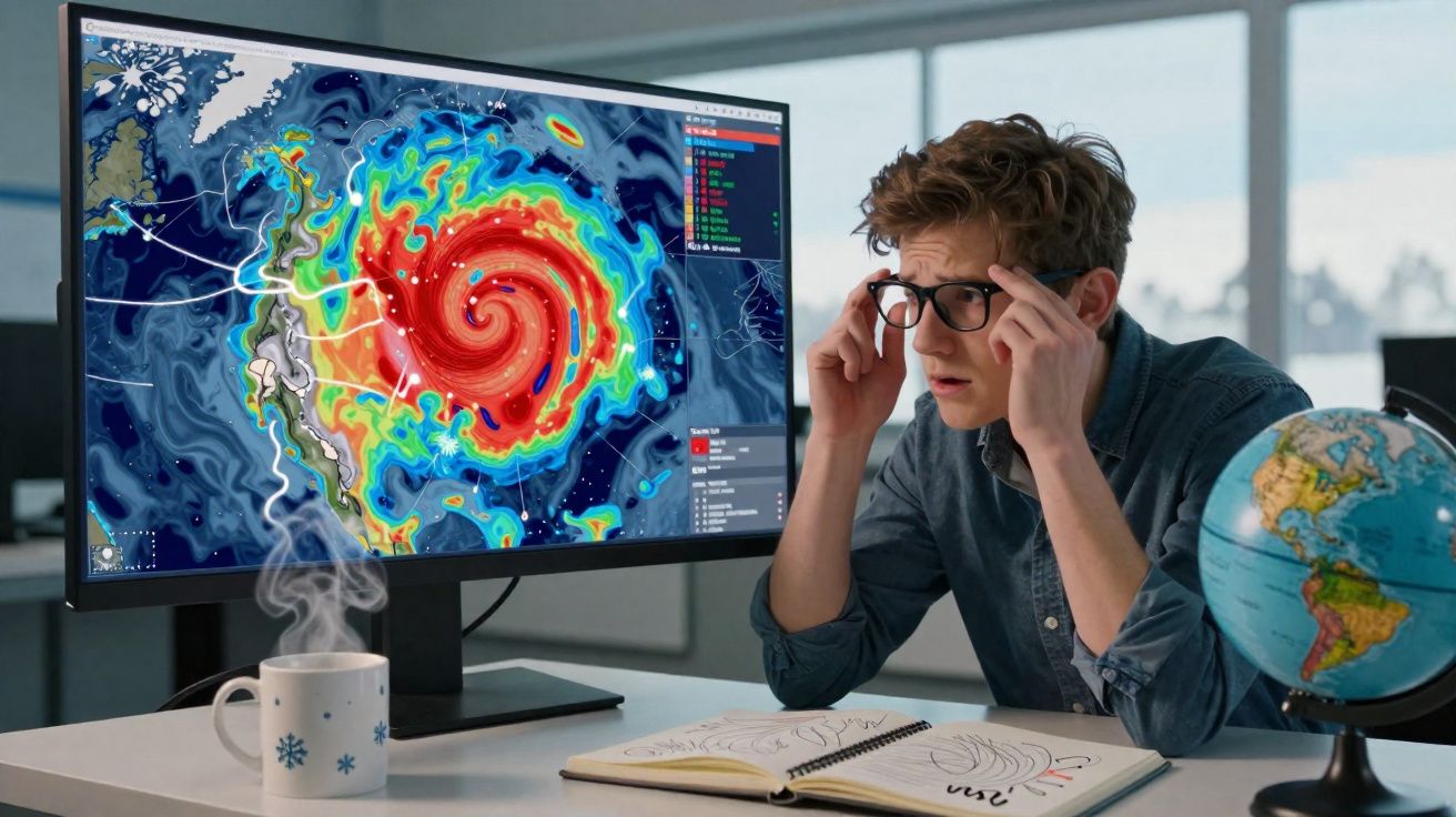 Homem preocupado analisa no computador imagem colorida de furacão em tela grande no escritório.