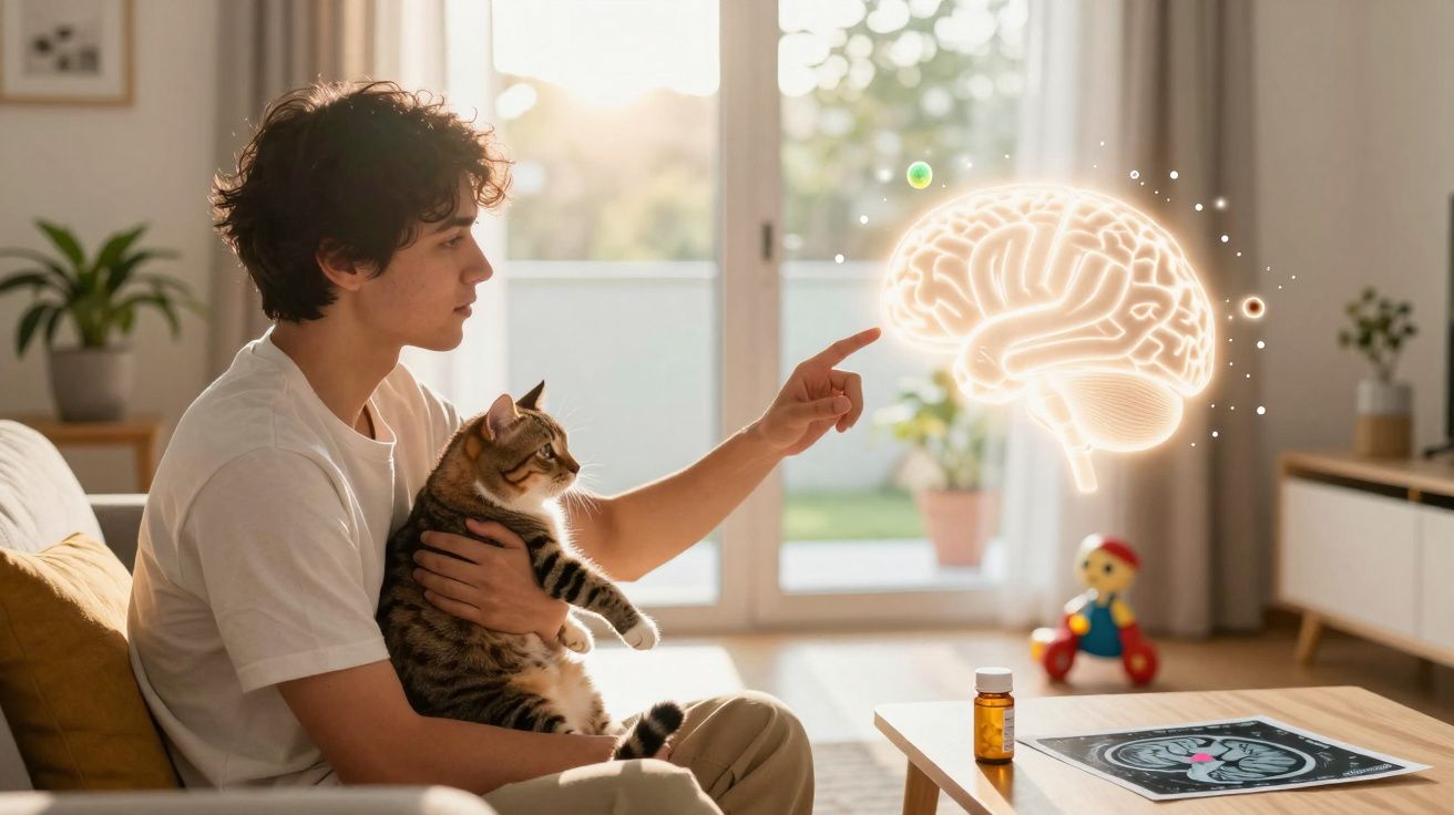 Jovem segurando gato aponta para ilustração digital de cérebro, com frasco de remédio e tomografia em mesa.