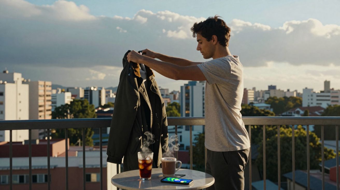 Homem em varanda segurando jaqueta, com mesa ao lado contendo café quente, copo com bebida gelada e celular.