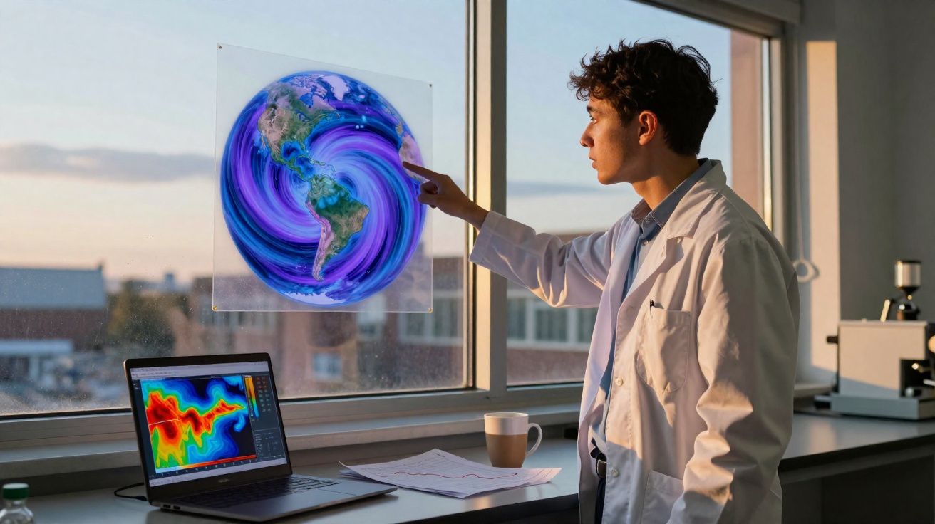 Jovem cientista analisa dados climáticos do planeta Terra em laboratório com laptop e gráficos coloridos.