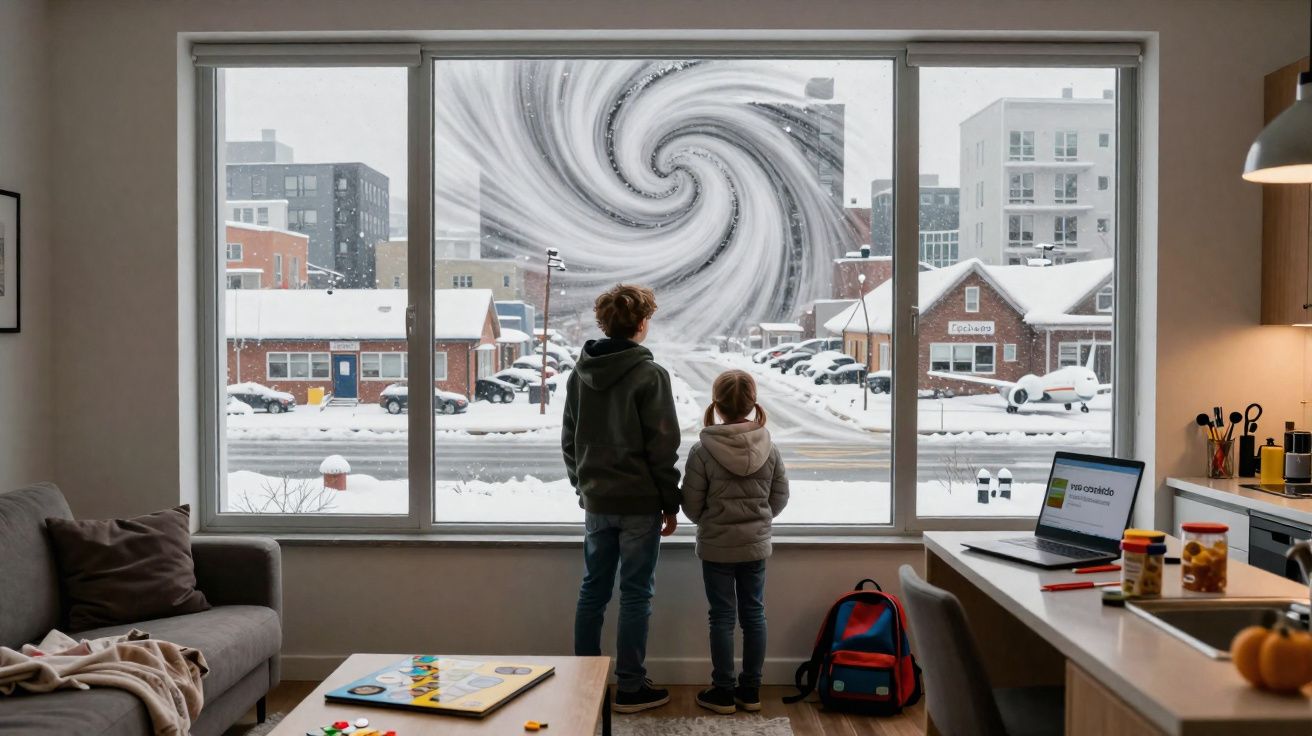 Crianças olhando pela janela para uma rua nevando e um redemoinho estranho no céu na cidade.