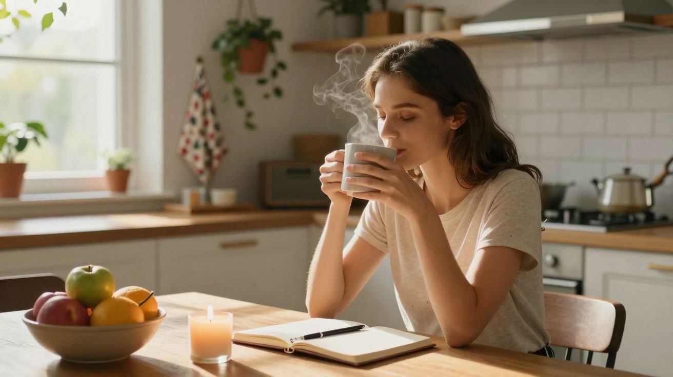 Mulher sentada à mesa na cozinha, apreciando bebida quente com caderno aberto e bowl de frutas à frente.