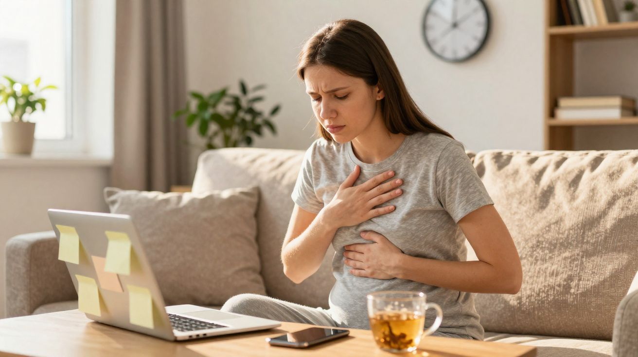 Mulher sentada no sofá com expressão de dor, tocando o peito e a barriga, com laptop e chá na mesa.