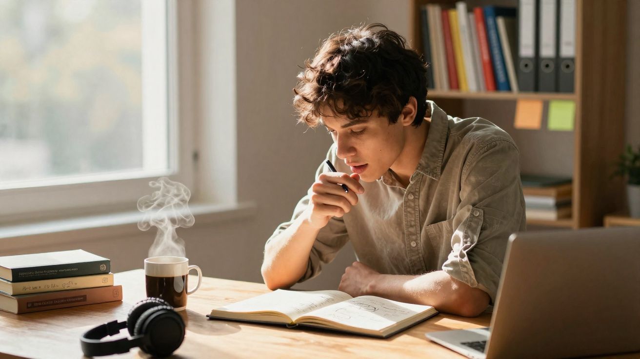 Jovem lendo livro e pensando, com caneca fumegante, fones de ouvido, livros e laptop em mesa iluminada por janela.