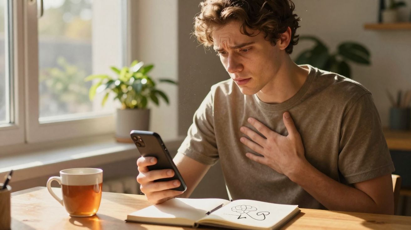 Jovem sentado à mesa com expressão preocupada olhando para o celular, com xícara de chá e livro aberto.