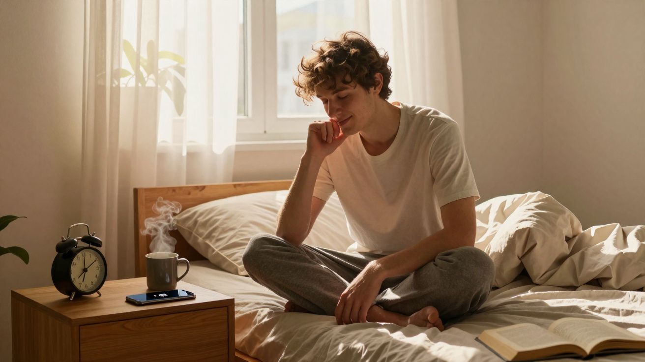 Jovem sentado na cama com os olhos fechados, ao lado de uma mesa com relógio, celular e xícara fumegante.