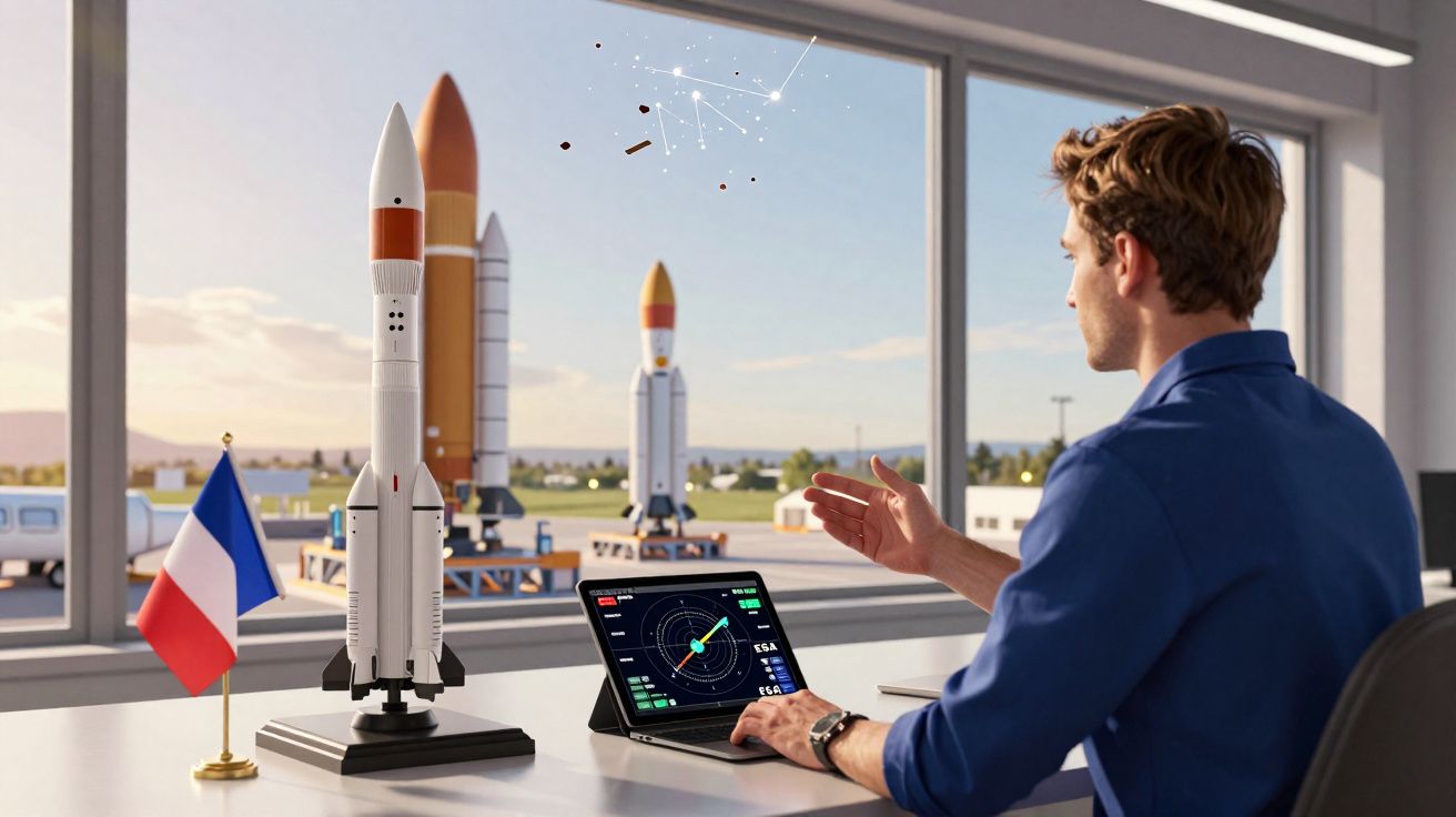 Homem usando tablet com radar ao lado de foguete em maquete e bandeira da França em escritório com janela para área externa.