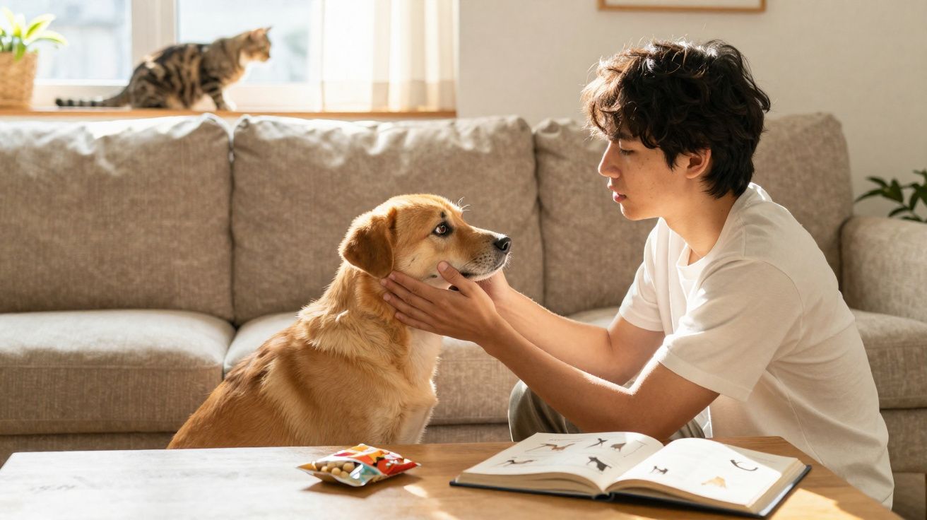 Jovem acariciando cachorro sentado na sala com gato olhando pela janela ao fundo.