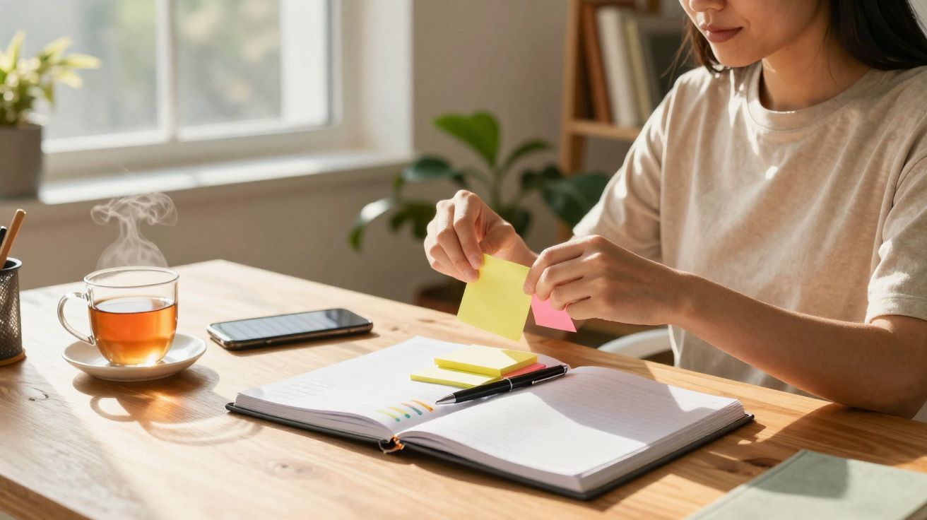 Mulher organizando post-its ao lado de caderno aberto, celular e xícara de chá fumegante em mesa de madeira.