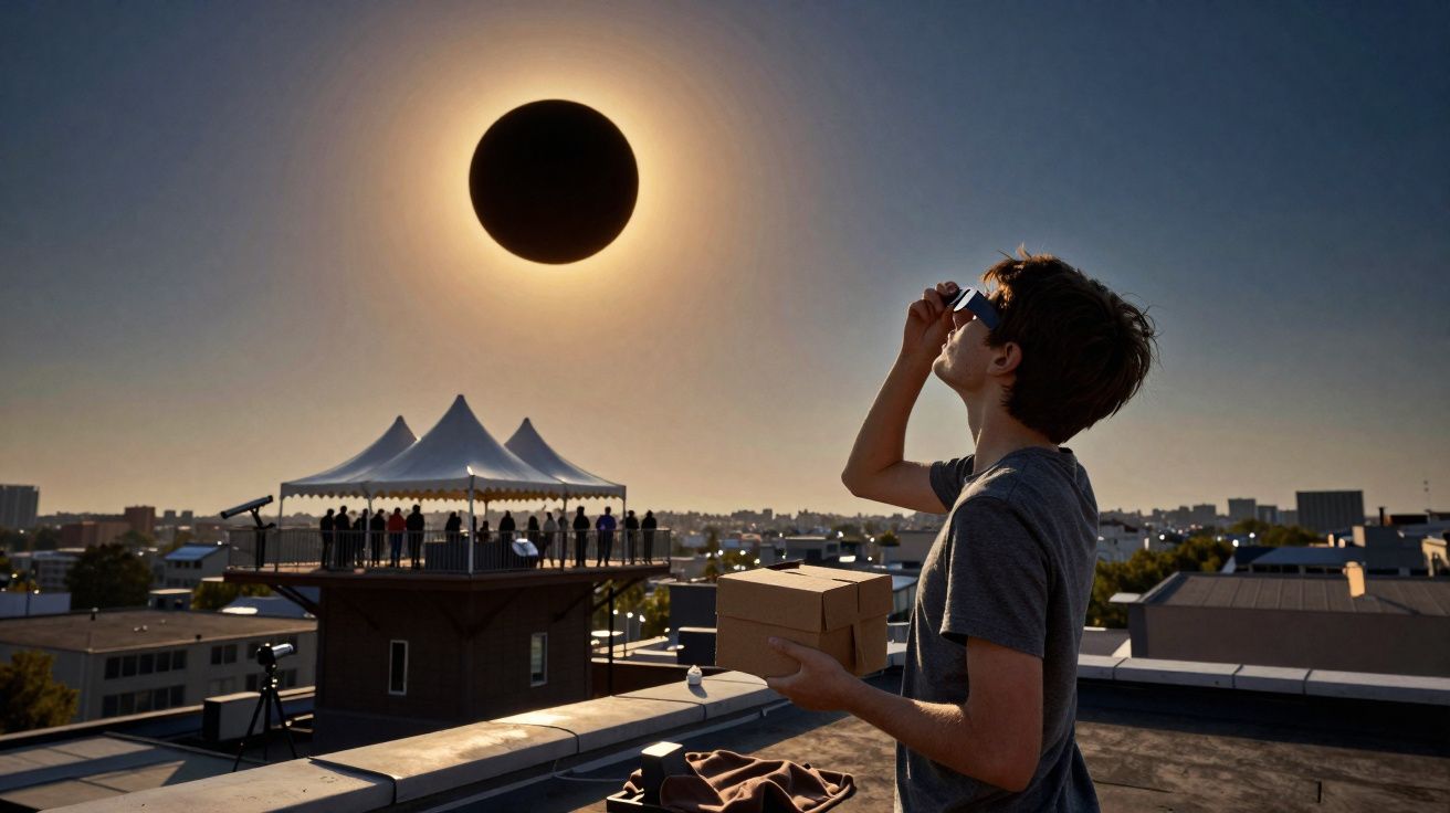 Pessoa observa eclipse solar com óculos de proteção no telhado durante o dia em área urbana.