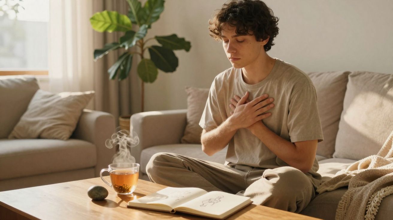 Jovem sentado no chão da sala com mãos no peito, ao lado de chá quente e livro aberto sobre a mesa.