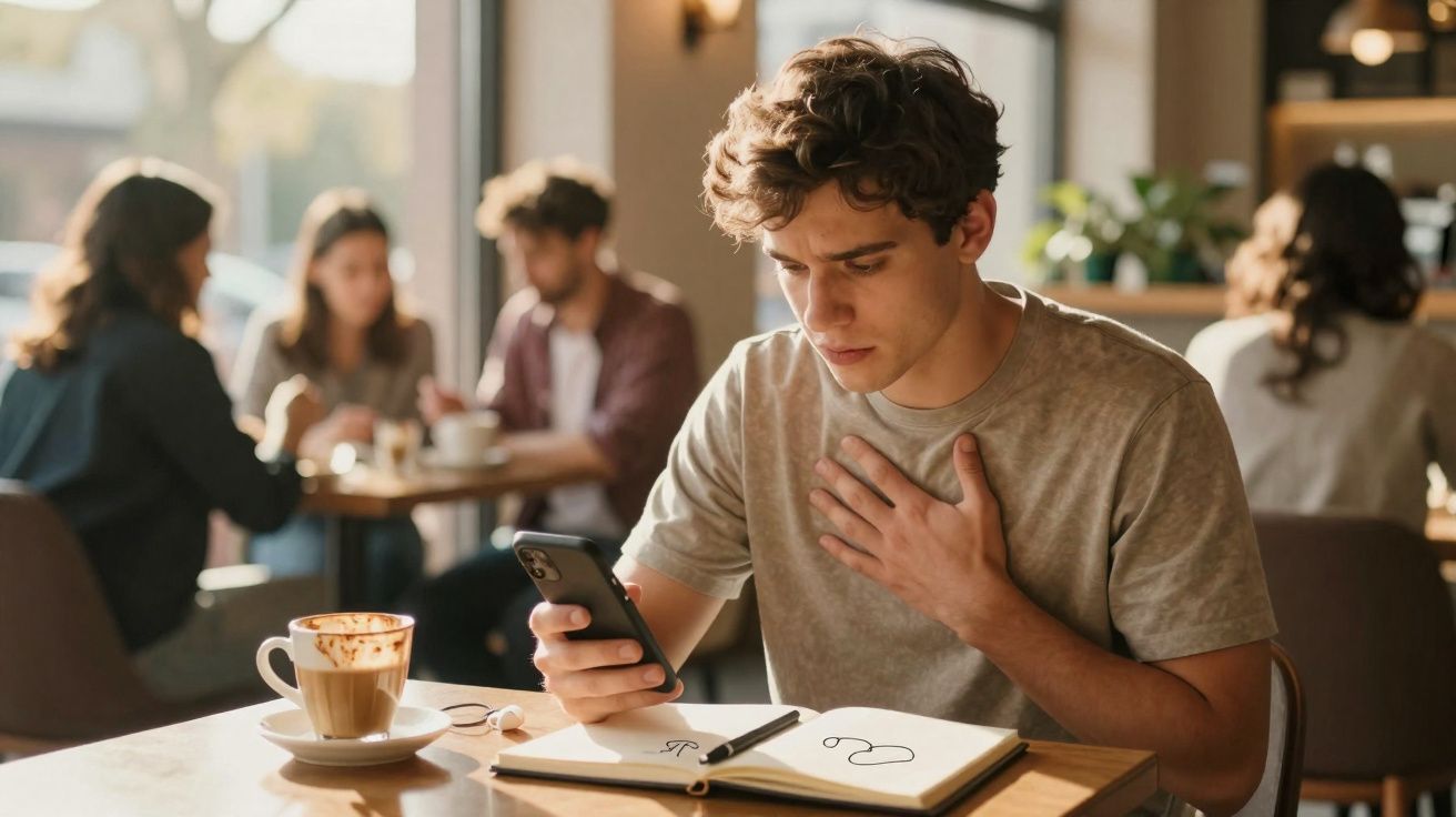 Jovem sentado em café, olhando preocupado para o celular com a mão no peito, livro aberto à sua frente.