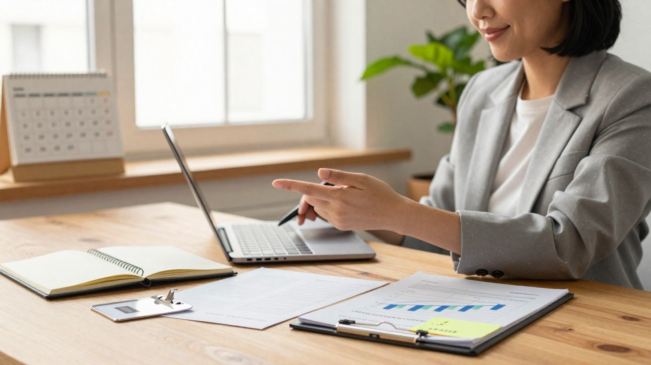Mulher de terno cinza trabalhando em escritório com laptop, documentos e calendário sobre mesa de madeira.