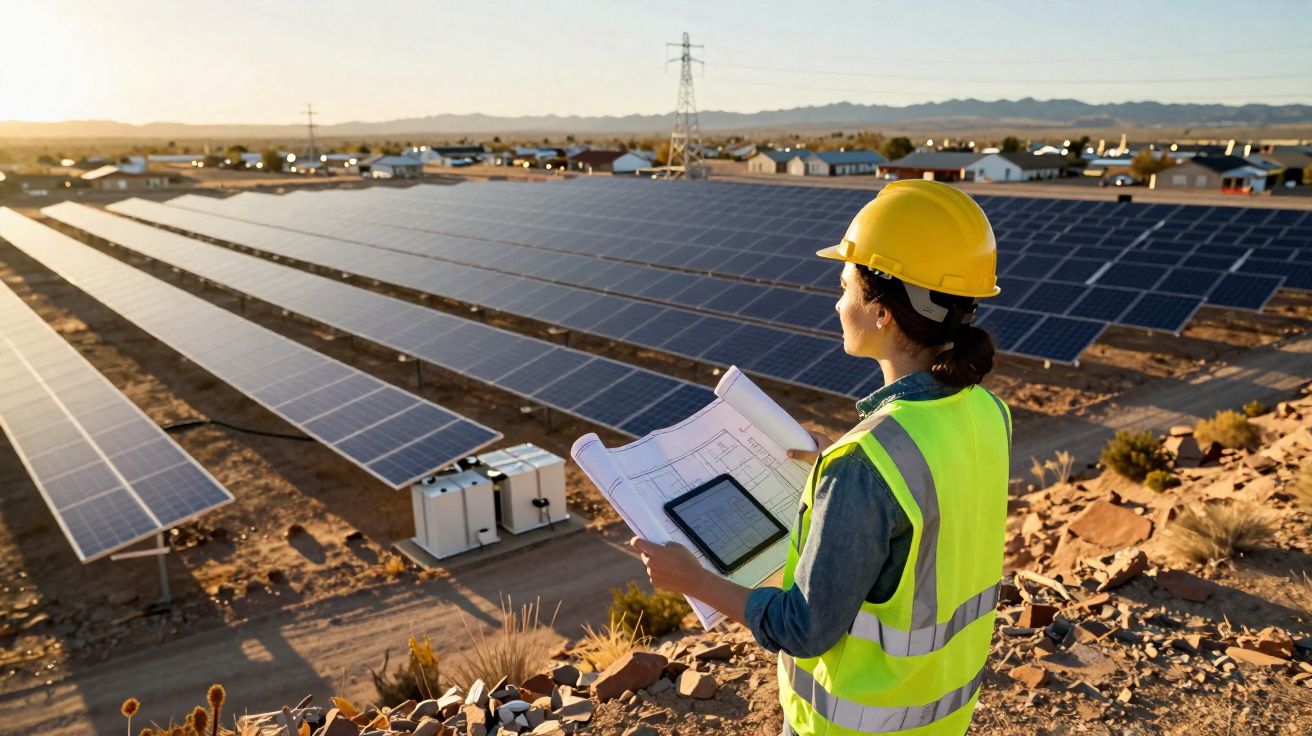 Engenheira com capacete e colete refletivo analisa plantas em usina solar ao pôr do sol no deserto.