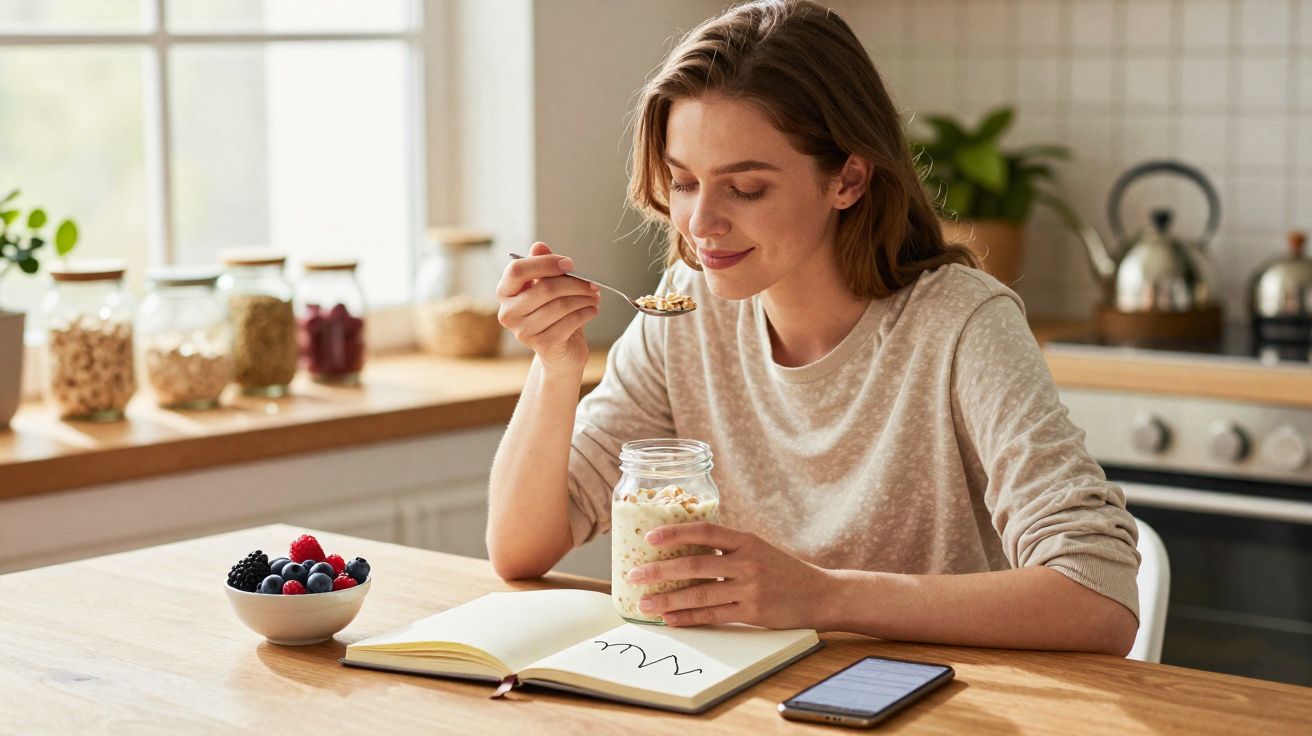 Jovem mulher comendo iogurte com granola na cozinha, com celular, caderno aberto e frutas na mesa.