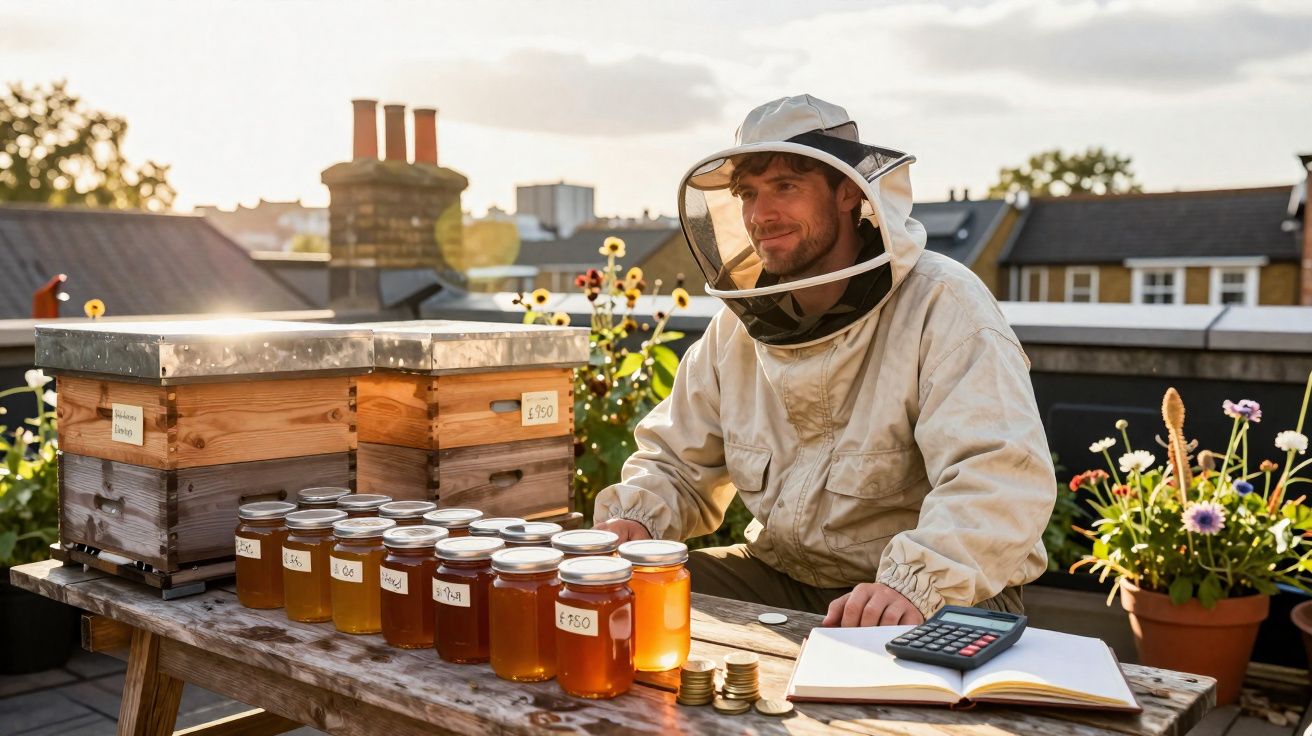 Apicultor com roupa de proteção sentado ao lado de potes de mel e caixas de abelhas em telhado urbano.