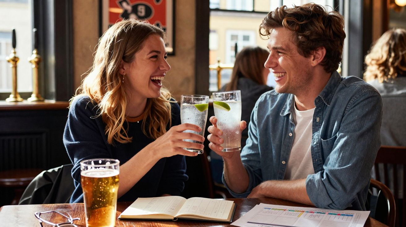 Casal sorridente brindando com copos de bebida em mesa de bar com cartão e documentos.