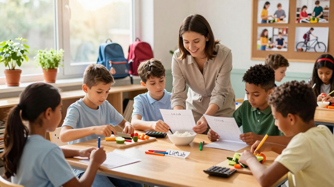 Professora orienta alunos em atividade prática com alimentos em sala de aula iluminada por luz natural.