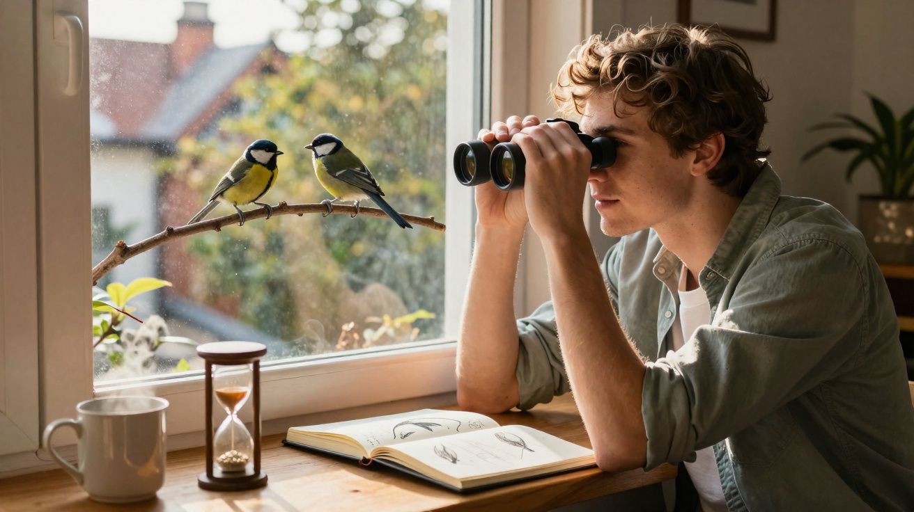 Jovem observa pássaros pela janela com binóculo, livro de aves, xícara e ampulheta sobre a mesa.