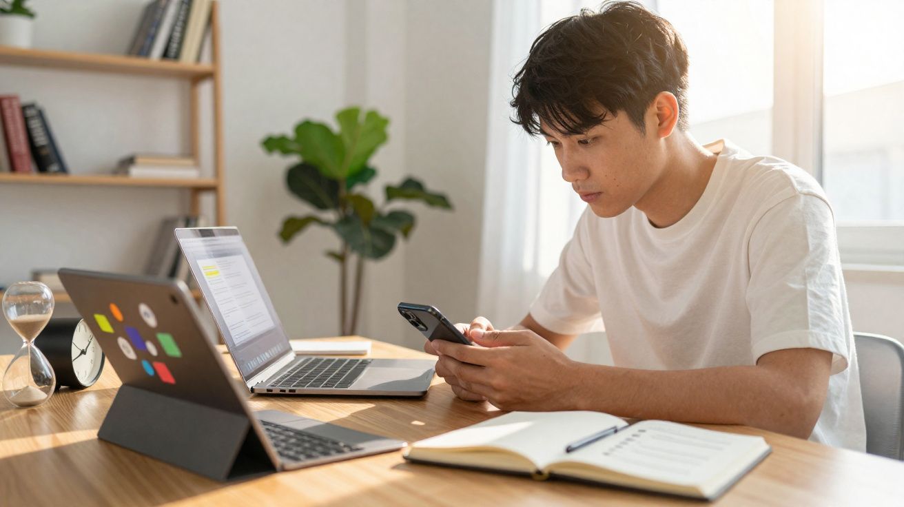 Jovem concentrado usando celular sentado à mesa com laptop, tablet e caderno em ambiente iluminado.
