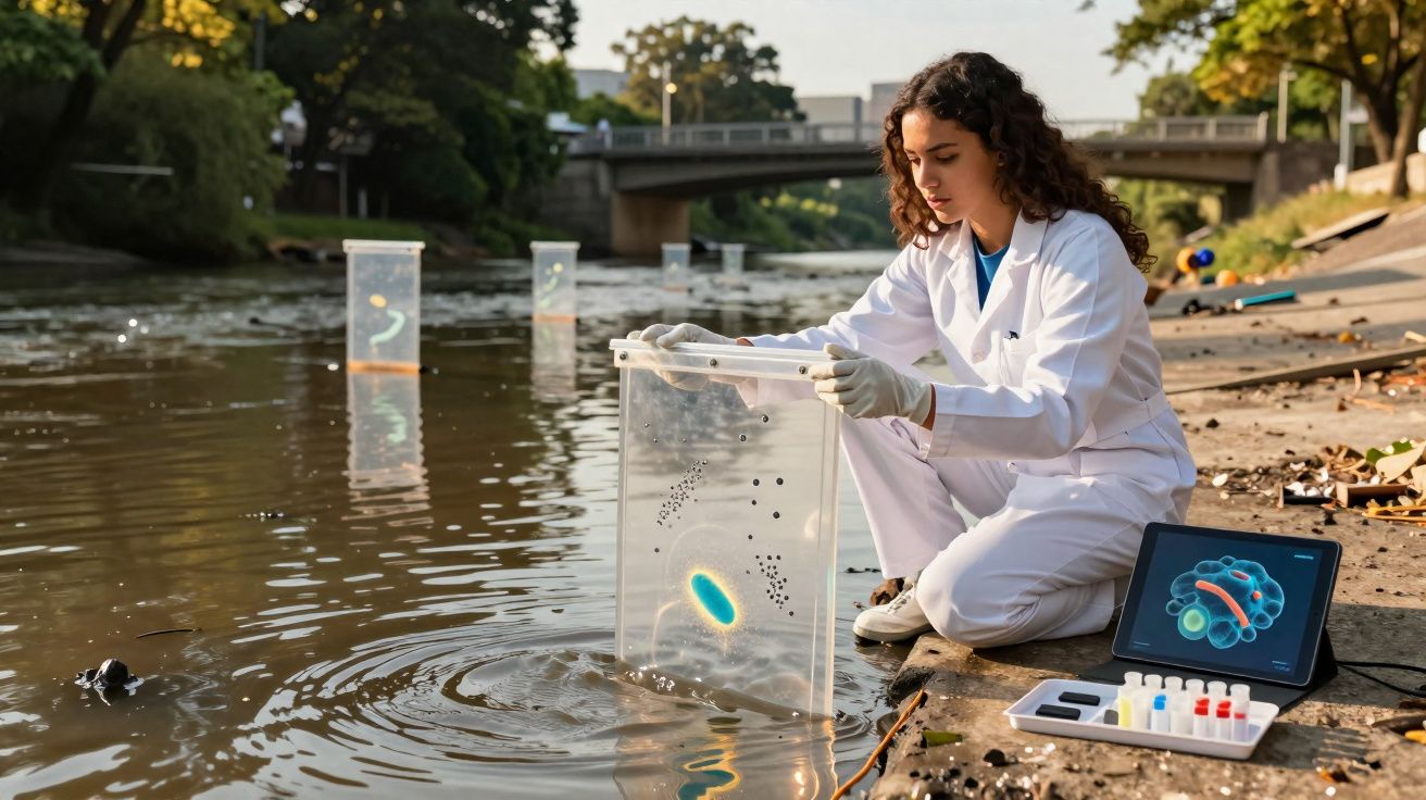 Mulher cientista com jaleco coletando amostras de água de rio para análise ambiental.