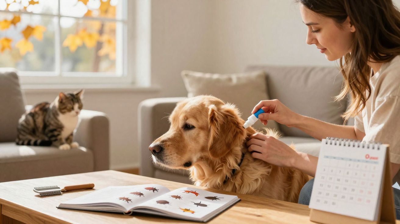 Mulher aplicando antipulgas em cachorro dourado com gato no sofá ao fundo em sala iluminada.