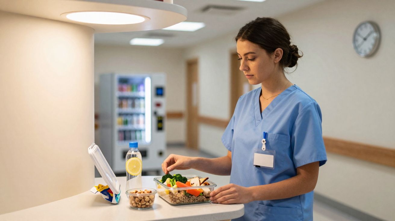 Profissional de saúde em uniforme azul organiza refeição saudável em ambiente hospitalar.