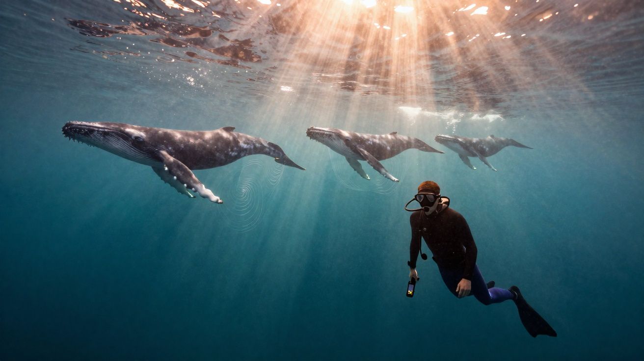Mergulhador observa três baleias nadando juntas sob a luz solar na água azul do oceano.