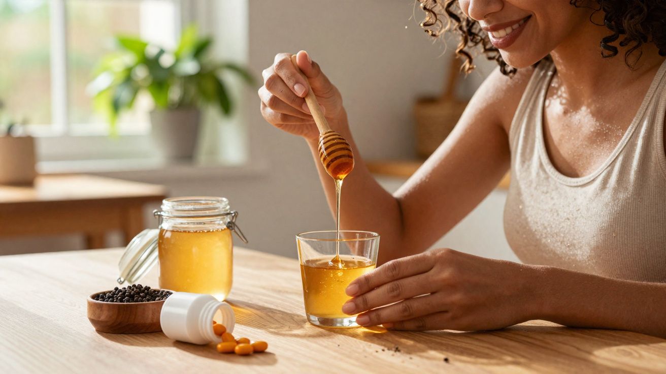 Mulher sorridente mexendo mel em copo, com potes de mel, pílulas e sementes na mesa.