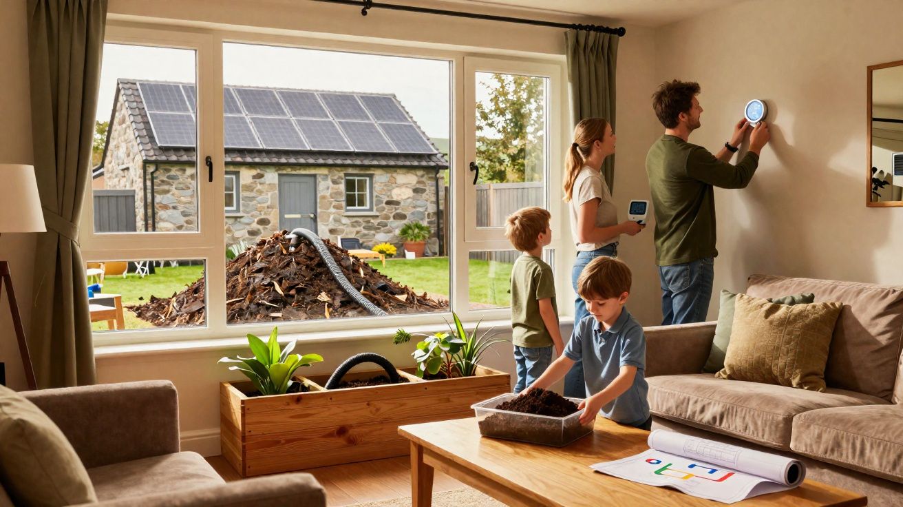 Família em sala com jardim interno e casa com painéis solares, envolvendo tecnologia e sustentabilidade.